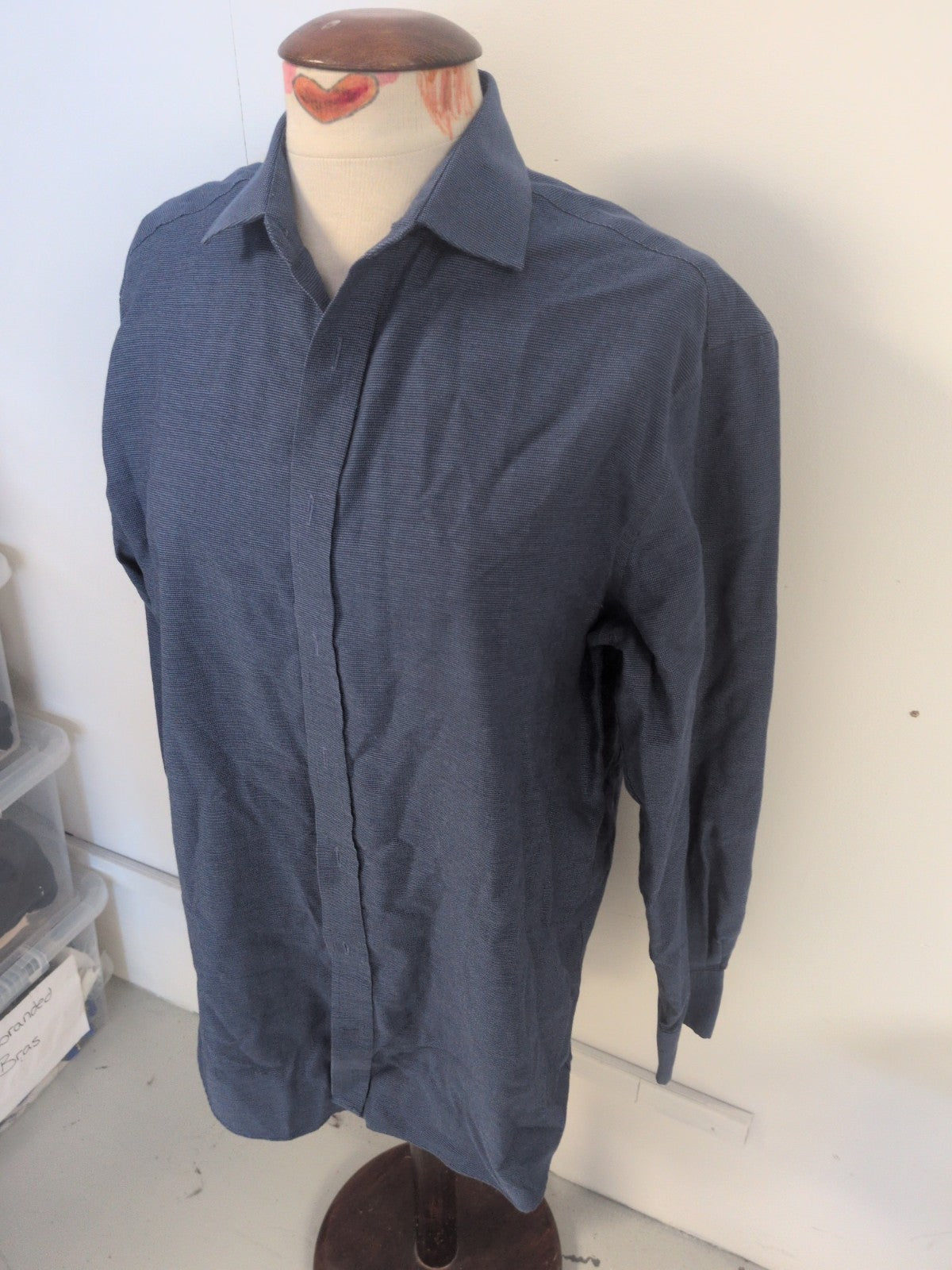 M&S 15.5 The Travel Shirt Regular Navy Blue Long Sleeve
