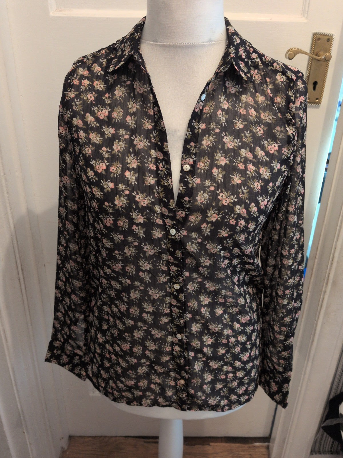 Ladies H&M Size 10 Black Floral Semi See Through Long Sleeve Buttoned Blouse