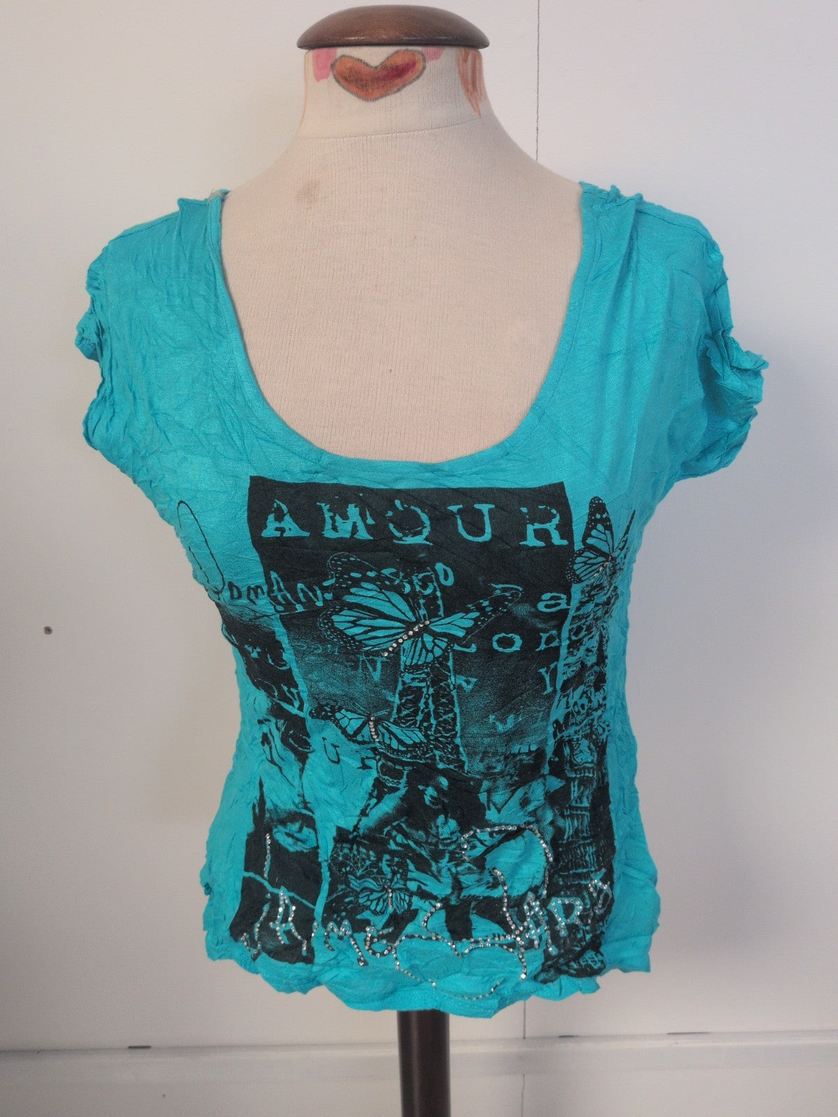 Ladies New Look Size 12 Turquoise Printed Short Sleeve T-shirt