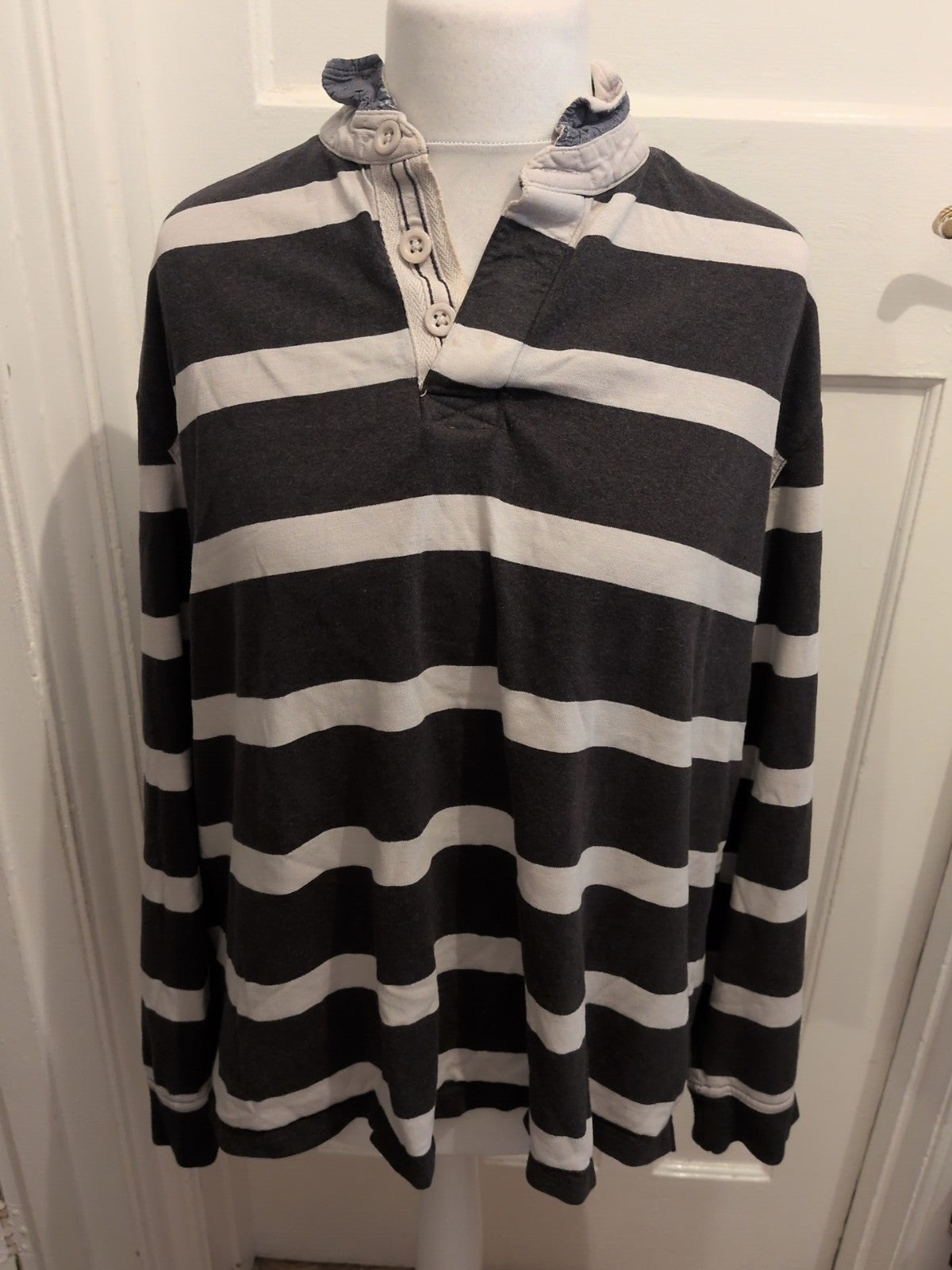 TU 2XL Charcoal And White Stripe Long Sleeve Polo