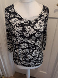 Ladies George 10 Black With White Flowers 3/4 Sleeve Blouse