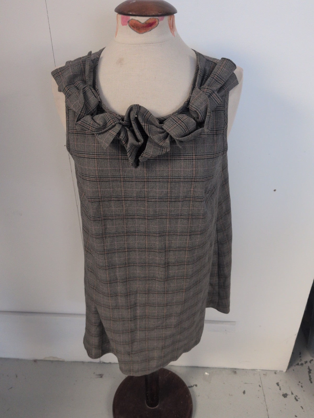 River Island 14 Grey Check Beige Sleeveless Dress