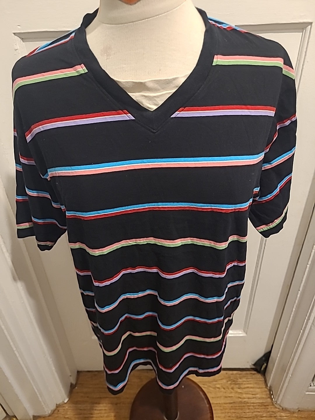 Mens Marks And Spencer Size M Black Multi Striped Short Sleeved Pyjama Top