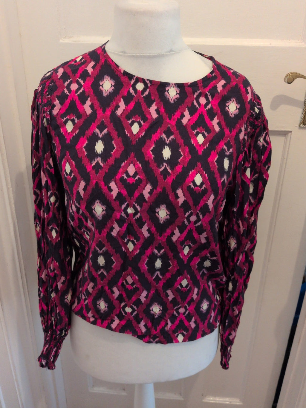 Tu 12 Purple Pink And Navy Long Sleeve Diamond Patterned Blouse