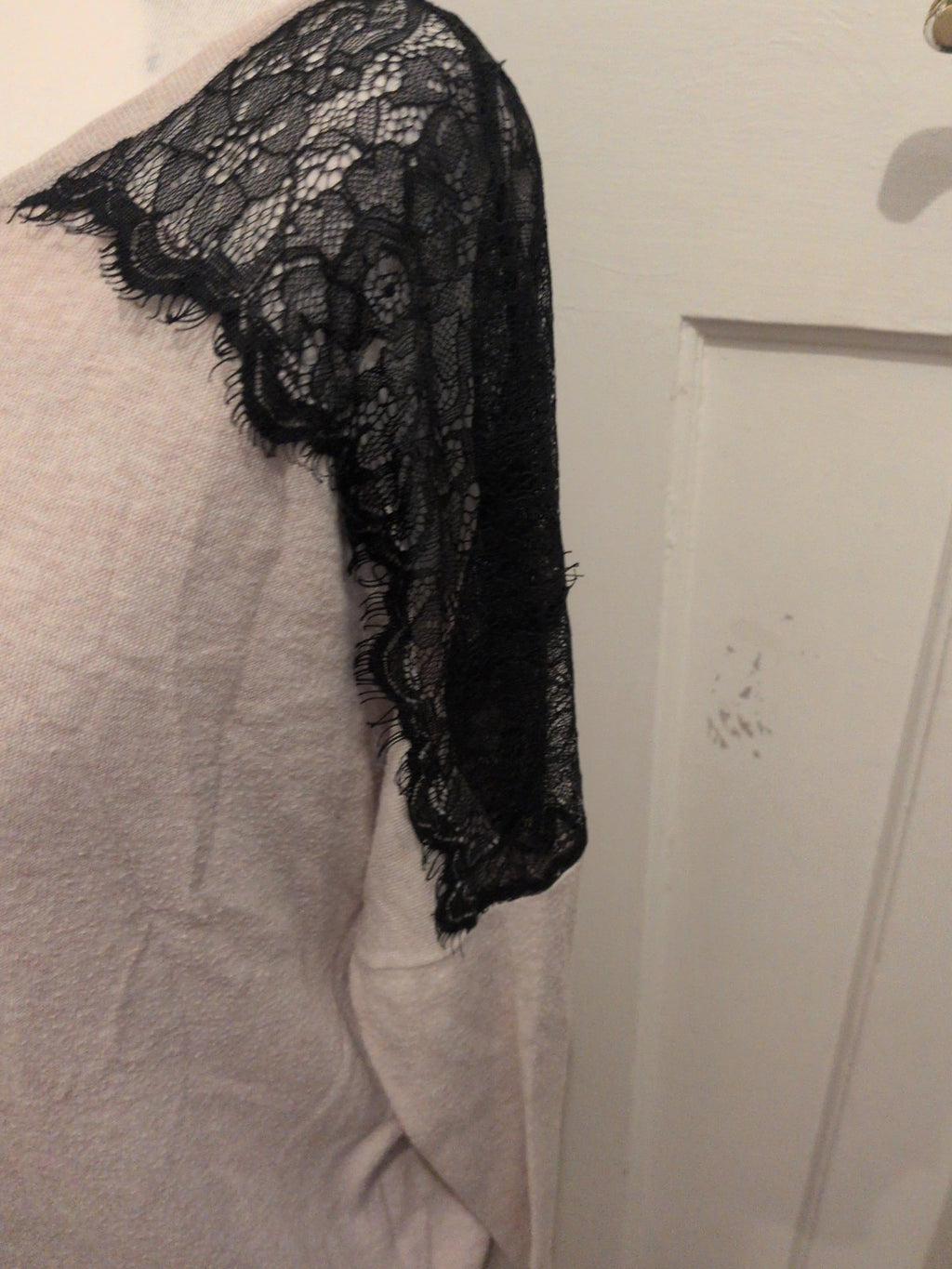 Warehouse 14 Pale Beige With Black Lace Long Sleeve Blouse