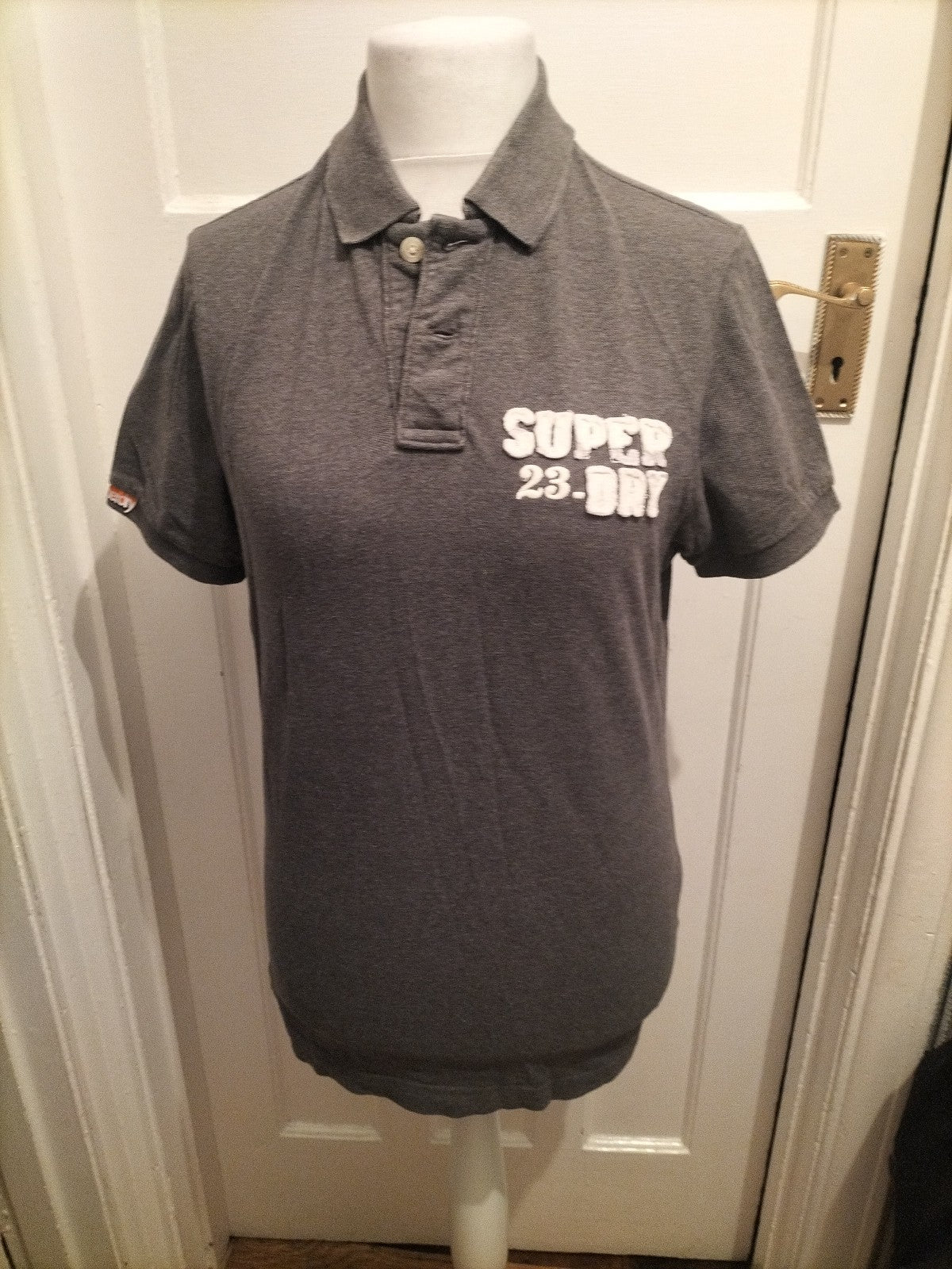 Mens Superdry Size L Grey Short Sleeved Polo With Brand Logo On Front