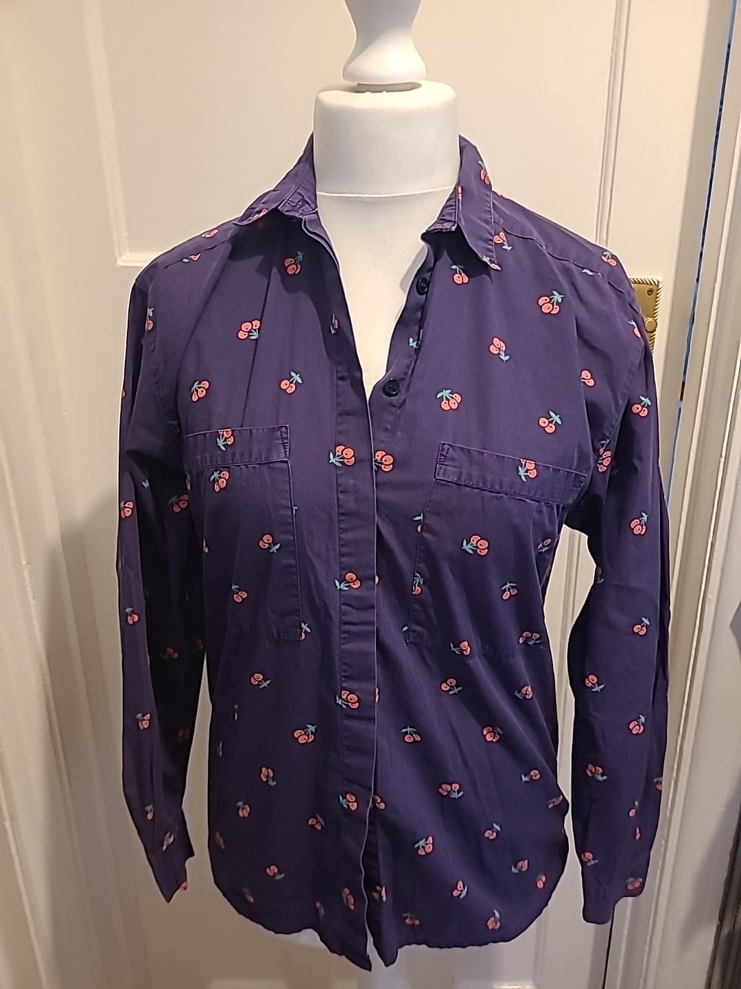 Ladies Jumpers Size Medium Purple With Cherries Long Sleeved Blouse