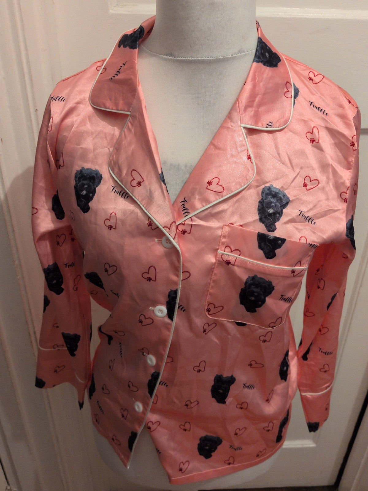 Ladies Size Small Pink And Black Truffle Dog Print Pyjama Set