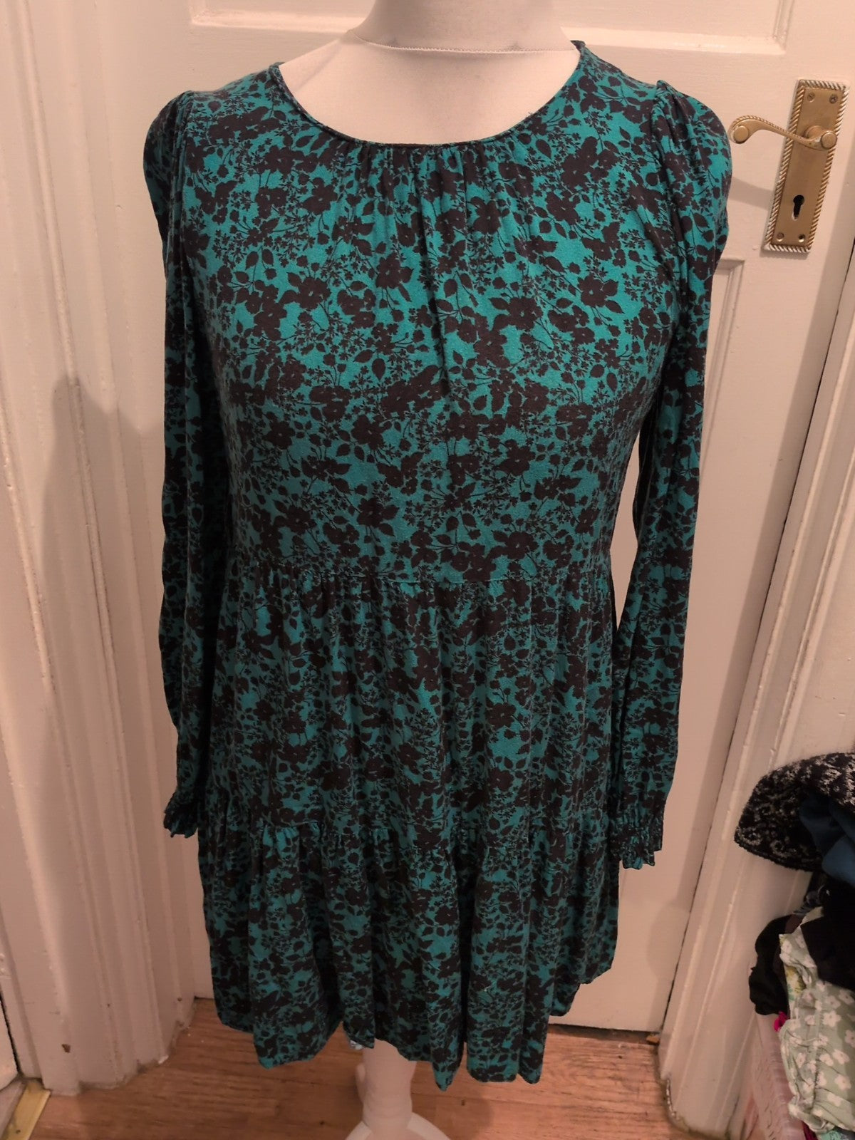 Dorothy Perkins 12 Black And Green Long Sleeved Floral Dress Midi