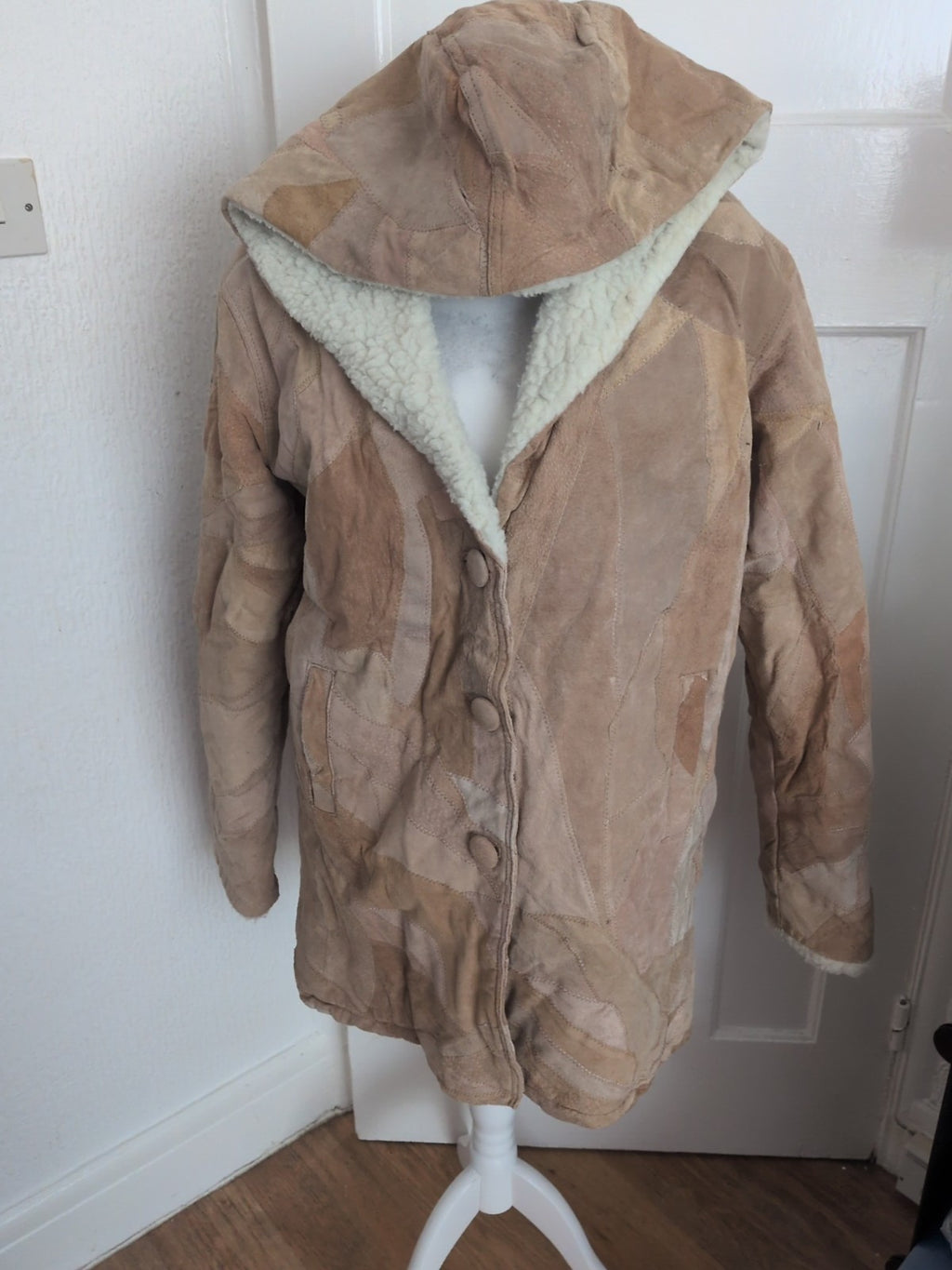 Large Beige Genuine Leather Fleece Fluffy Lined Coat