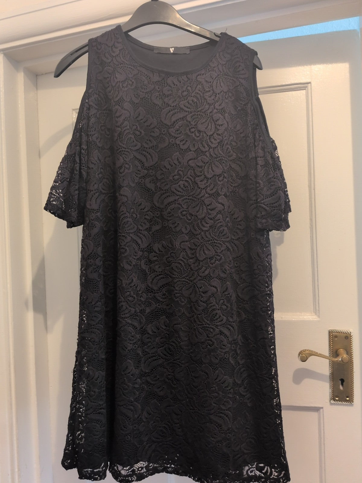 Very 18 Black Lace Lined Open Shoulder Dress Knee Length