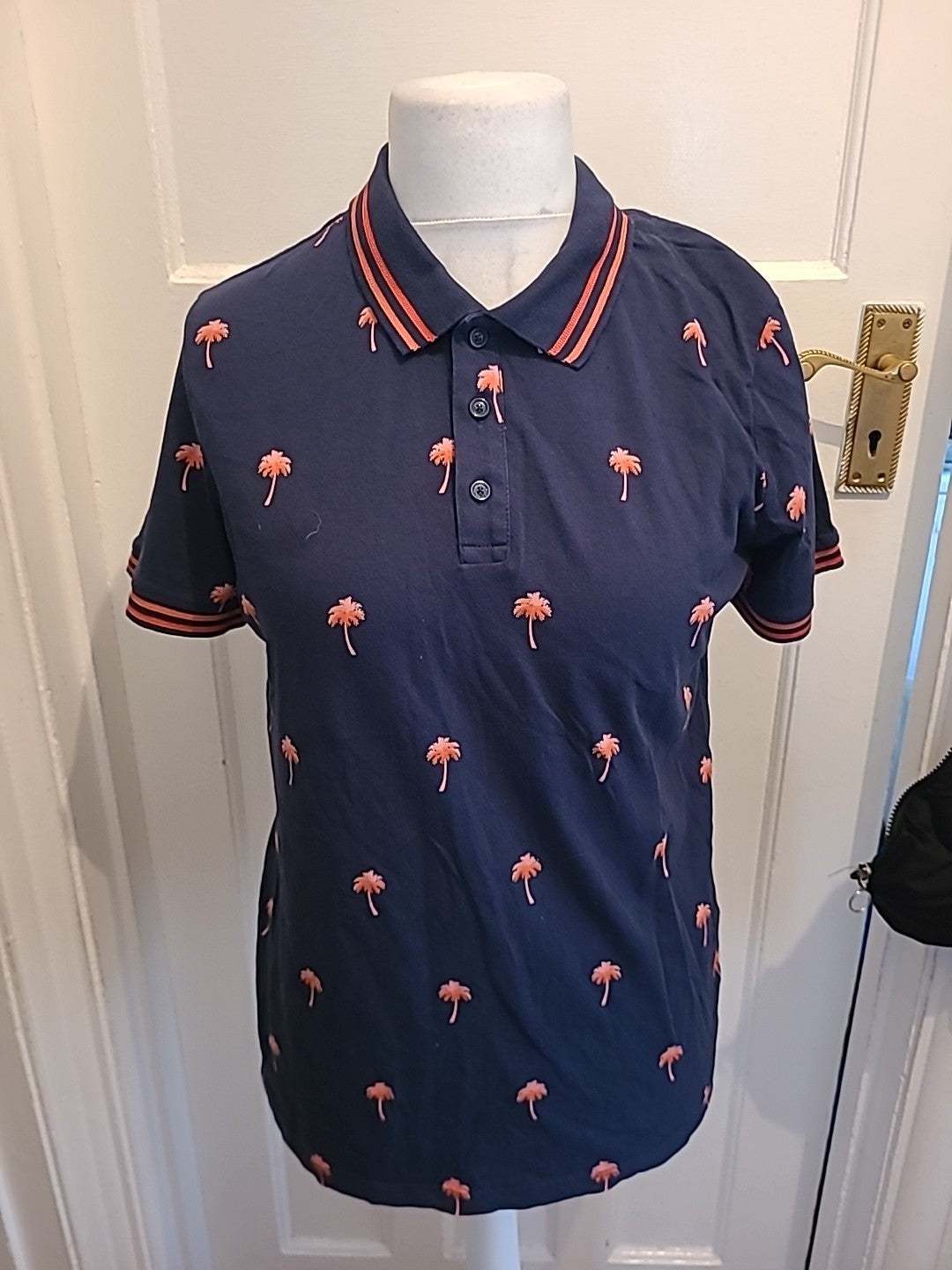 Mens Tu Size Medium Navy With Coral Palm Tree Short Sleeved Polo