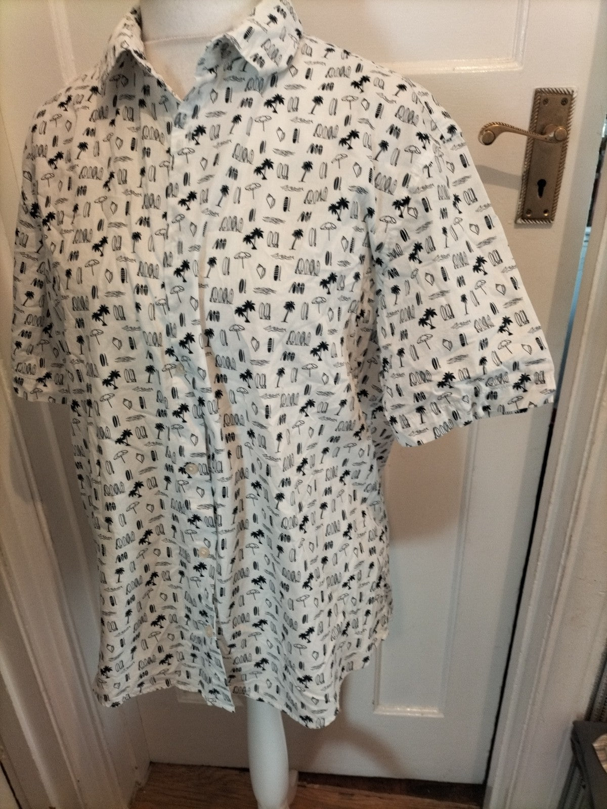 Mens M&S Collection Size L Pur Cotton White Beach Design Short Sleeved Shirt