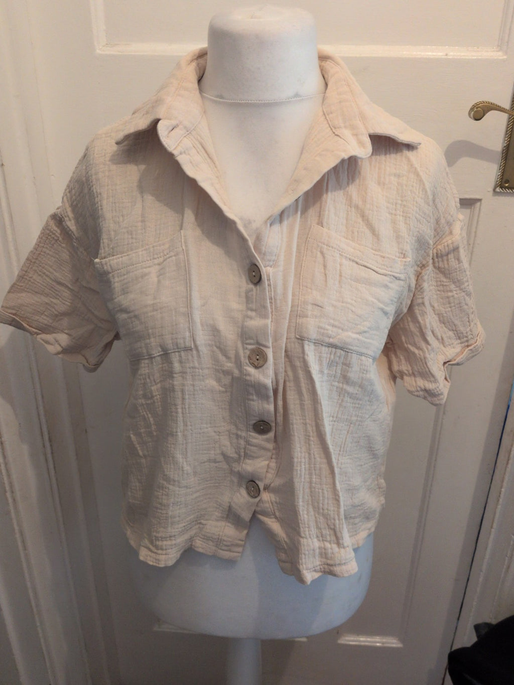 Ladies Shein Large Beige Short Sleeve Blouse Collared