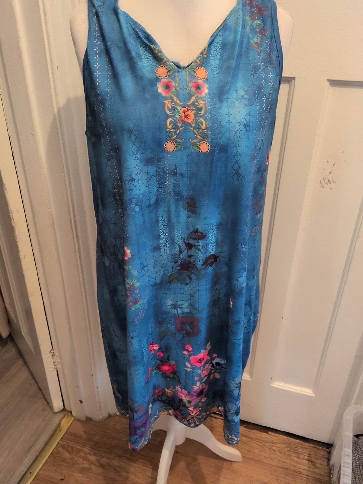 2XL Blue Floral Sleeveless V Neck Dress