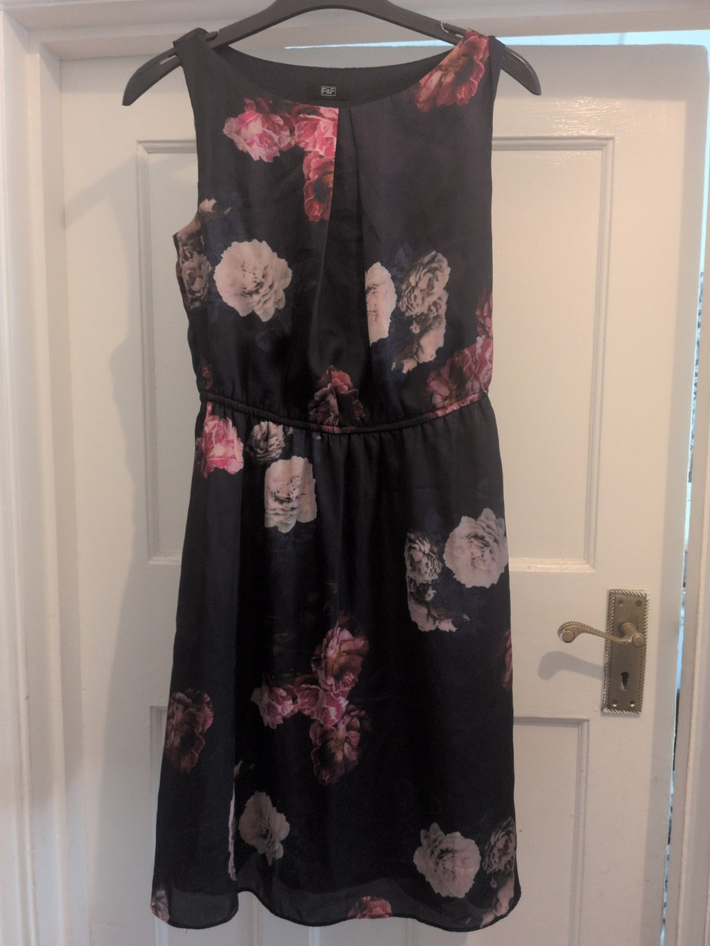 Ladies F&F Size 6 Navy Flower Lined Sleeveless Dress Knee-Midi