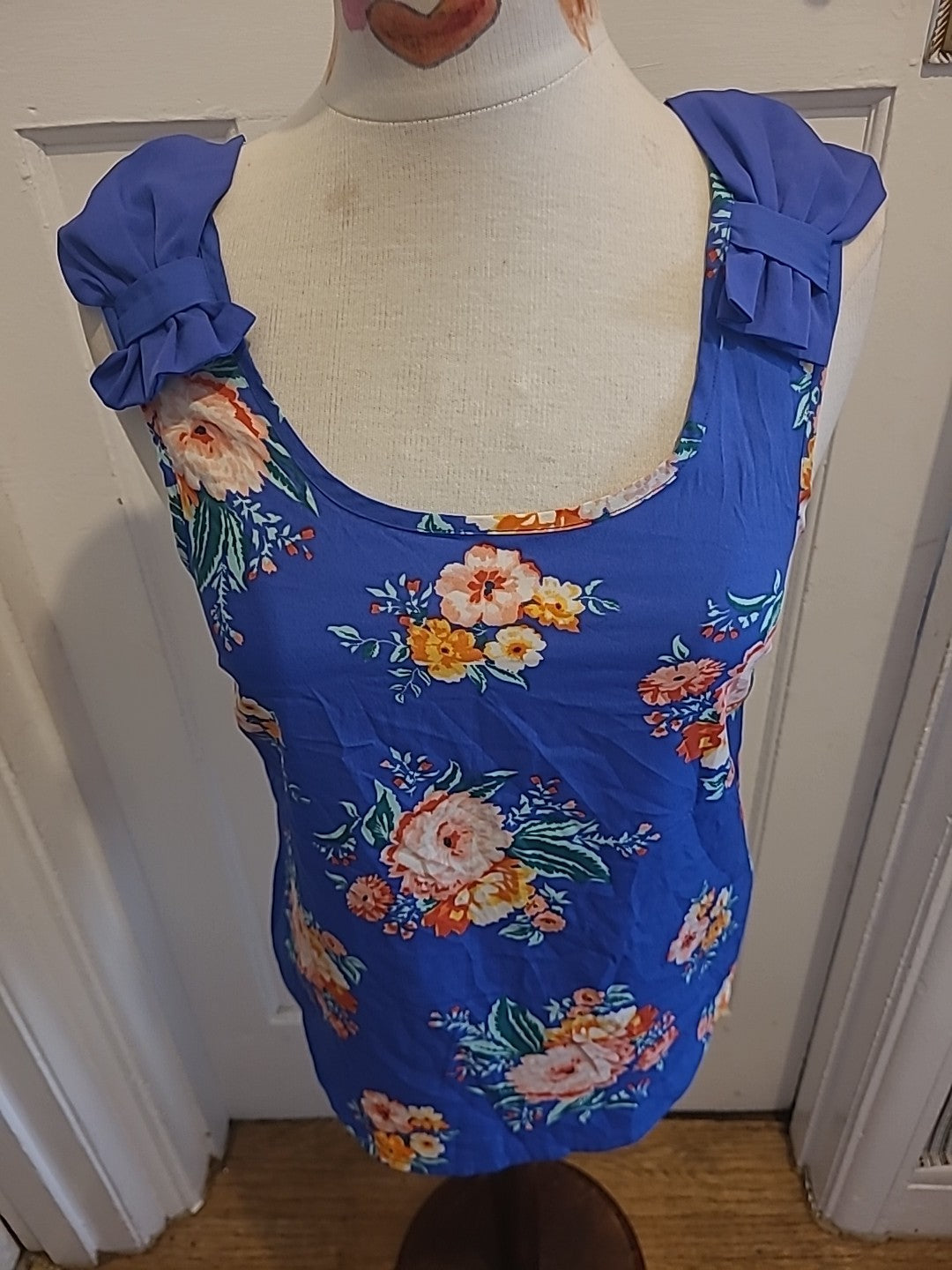 Ladies Primark Size 10 Blue Floral Bow Detail Sleeveless Tshirt