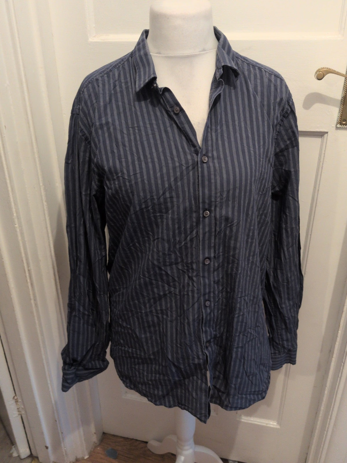 Kenneth Cole 17" Slim Fit Navy Stripe Long Sleeve Shirt