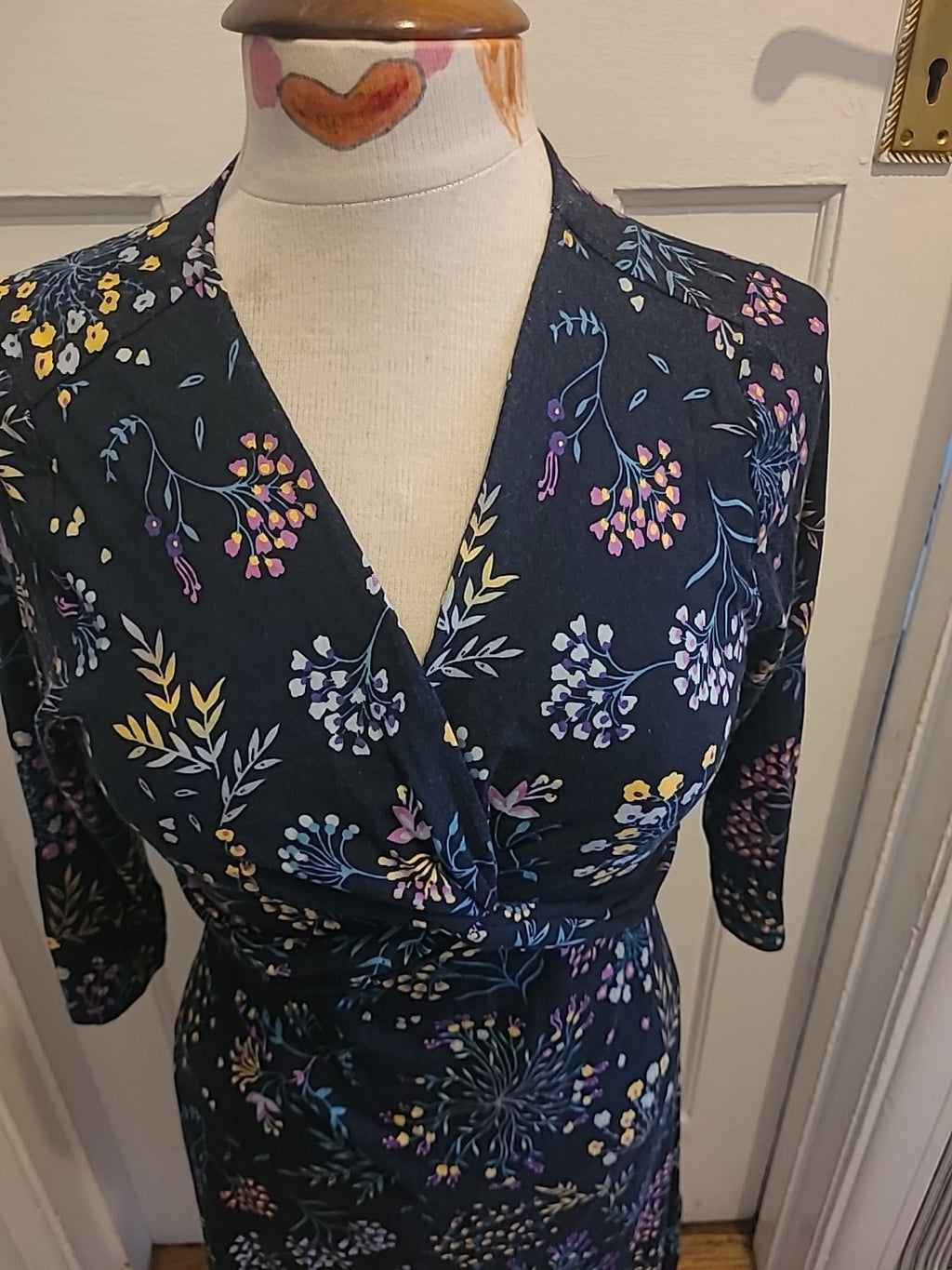 Ladies Per Una Size 10 Navy With Multi Floral Layered Chest Detailed Dress