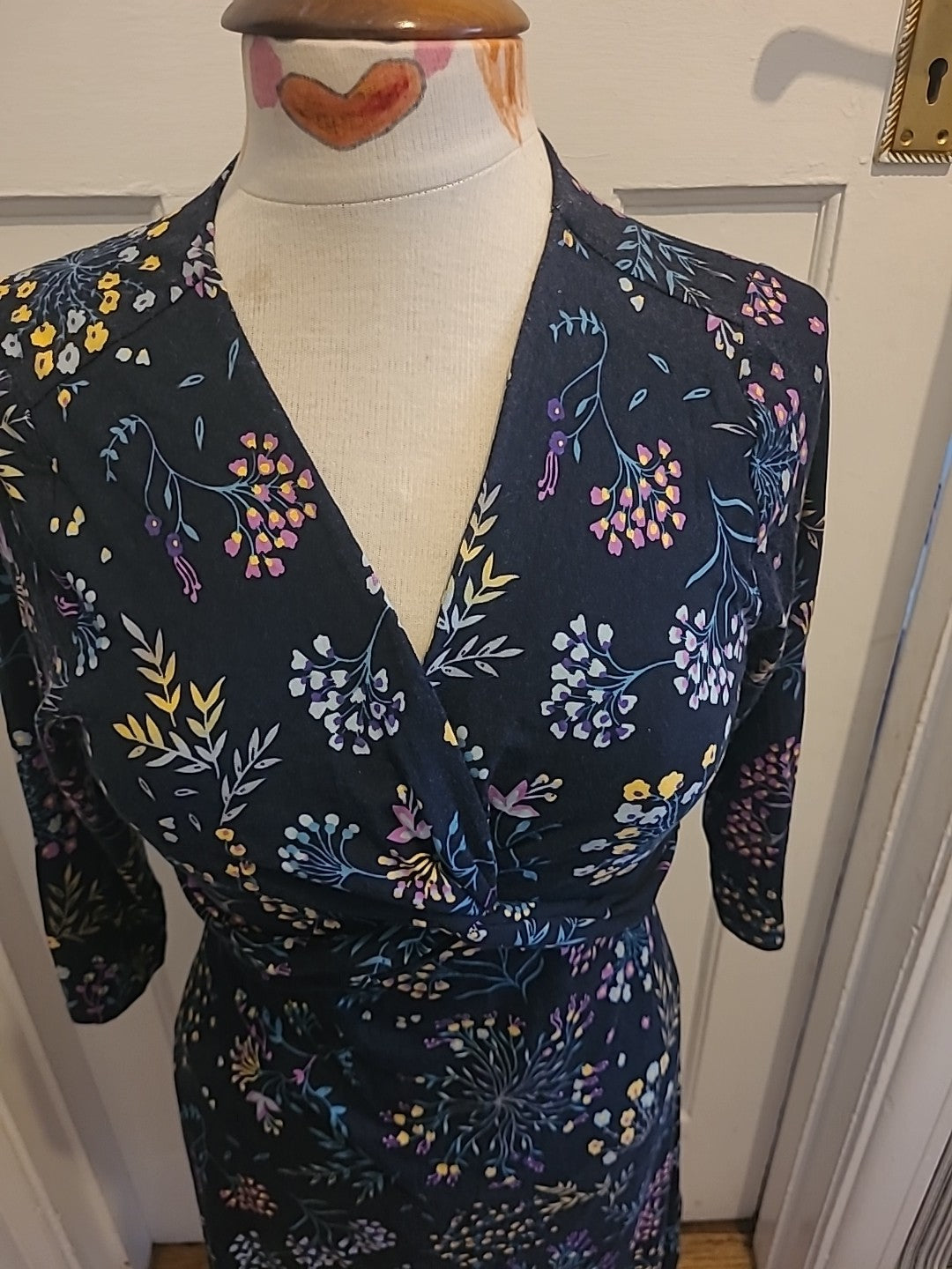 Ladies Per Una Size 10 Navy With Multi Floral Layered Chest Detailed Dress