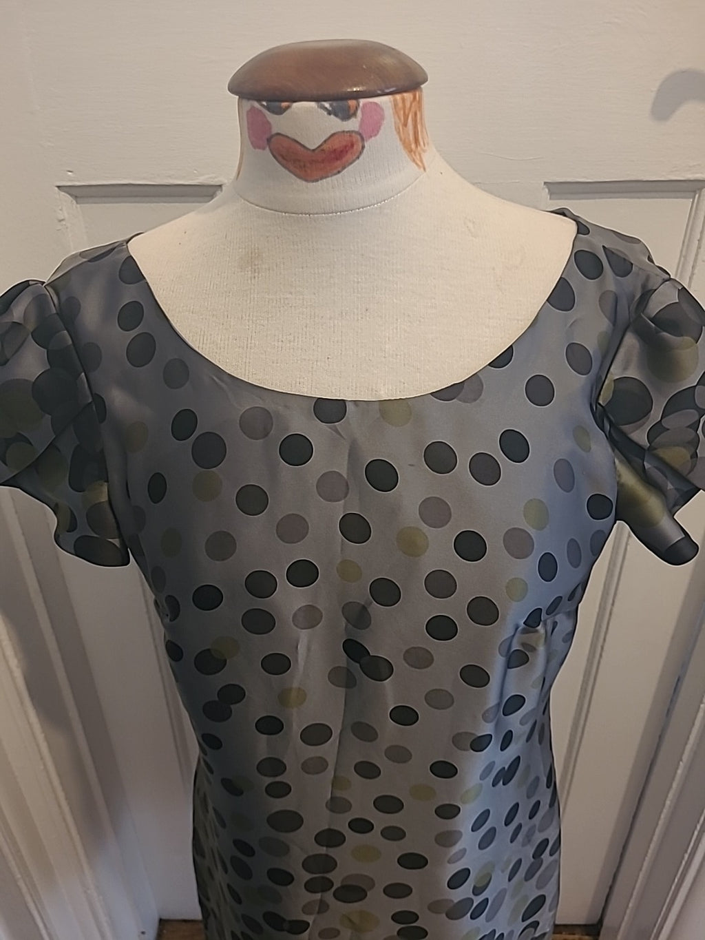 Ladies Marks And Spencer Size 10 Grey Black Green Spotted Short Sleeved Dress