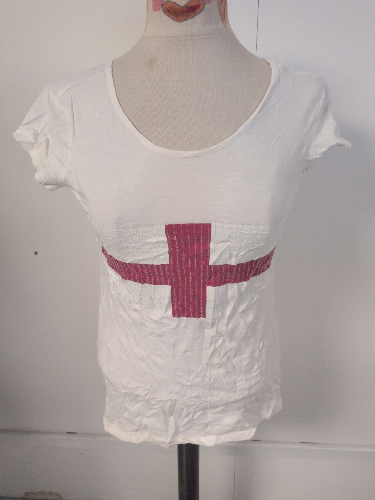 Ladies F&F Size 12 White England Flag Sequin T-shirt