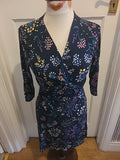 Ladies Per Una Size 10 Navy With Multi Floral Layered Chest Detailed Dress