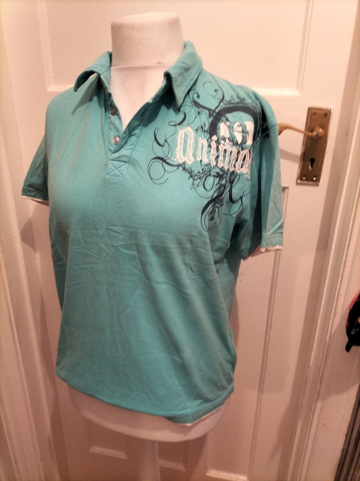 Mens Animal Size M Turquoise Printed Short Sleeved Polo