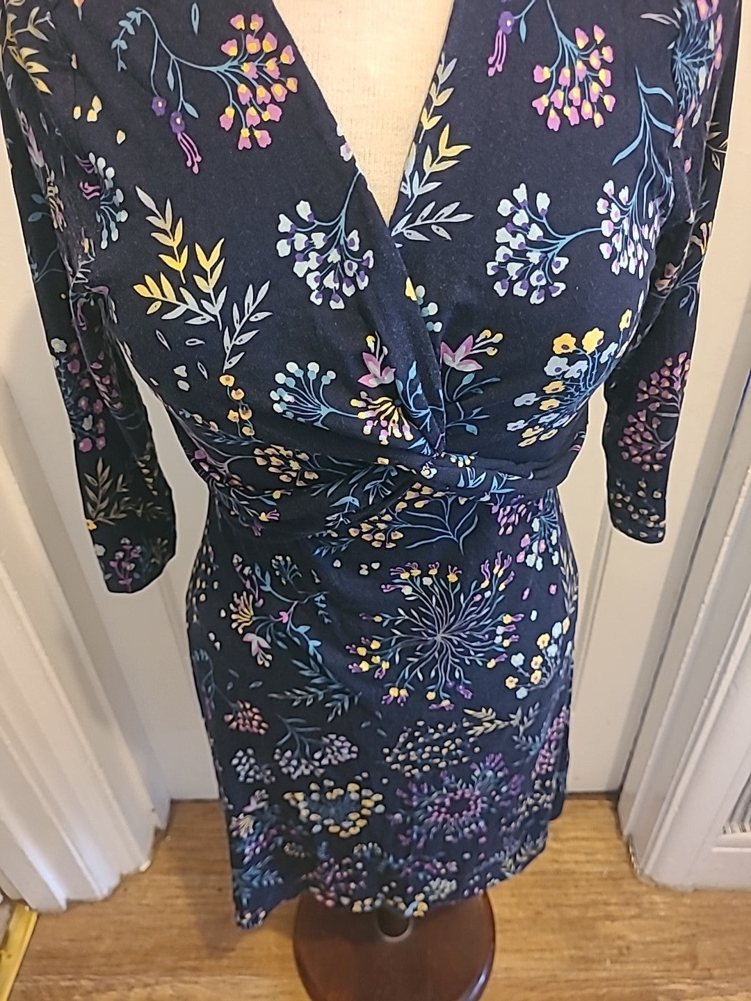 Ladies Per Una Size 10 Navy With Multi Floral Layered Chest Detailed Dress