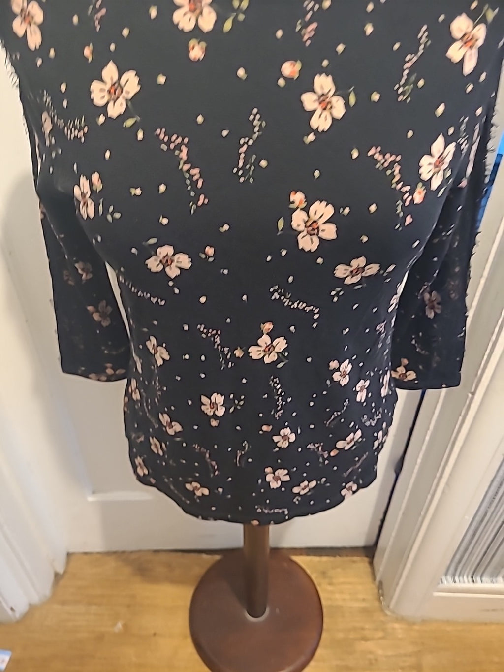 Ladies Marks And Spencer Size 10 Black With Pink Floral Long Sleeved Blouse