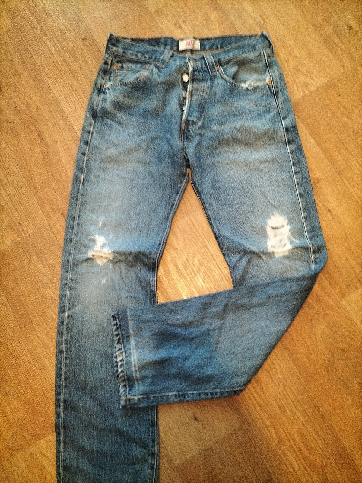 Mens Levis 501 Size W28" L30" Blue Denim Ripped Jeans