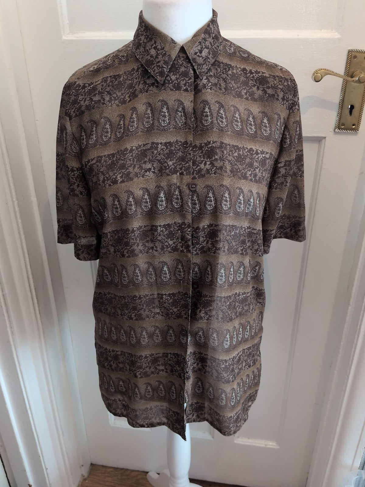 Viyella 10 Brown Patterned Short Sleeve Buttoned Blouse