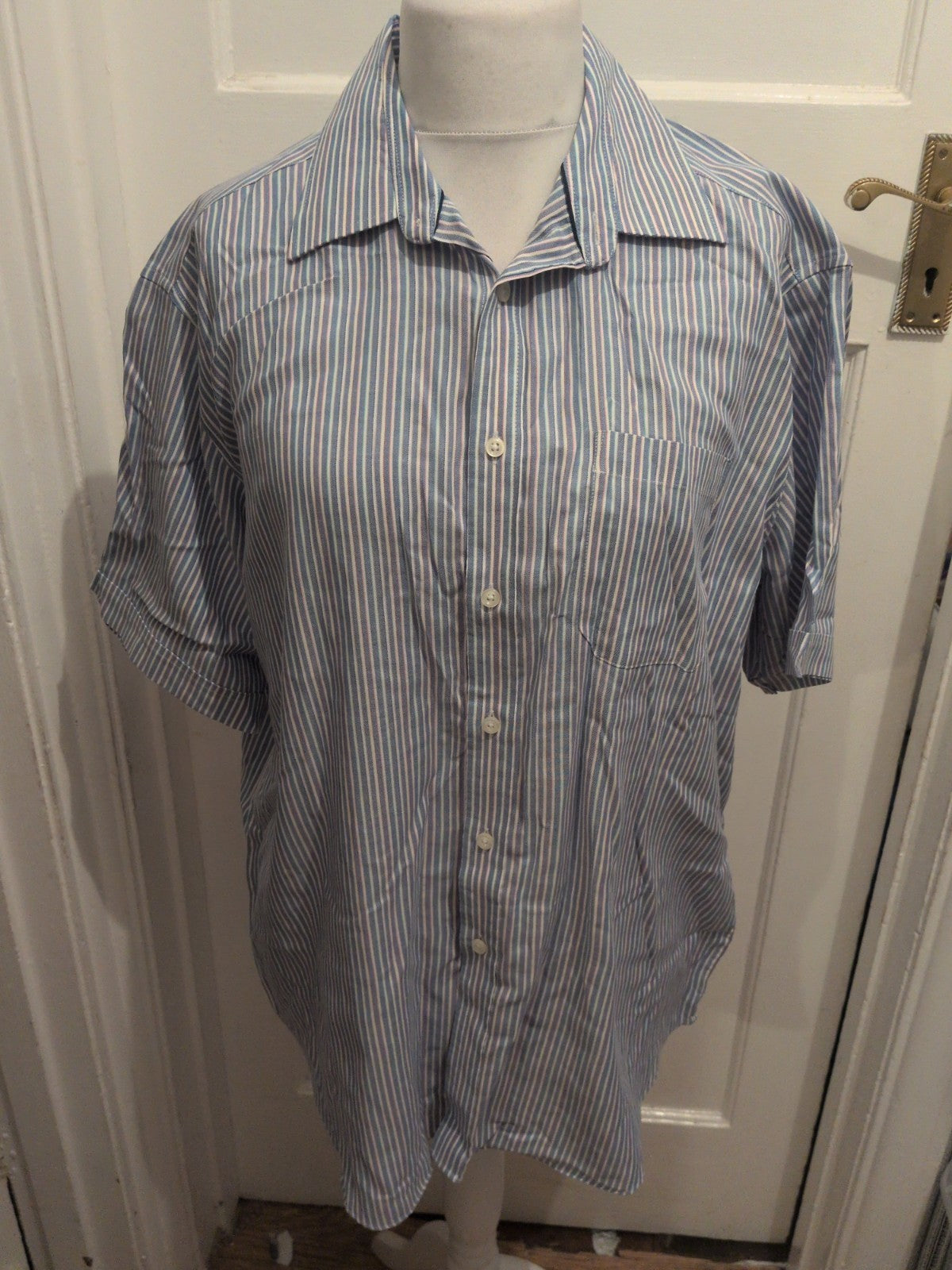 M&S Collection 17 Pure Cotton Performance Blue Stripe Short Sleeve Shirt