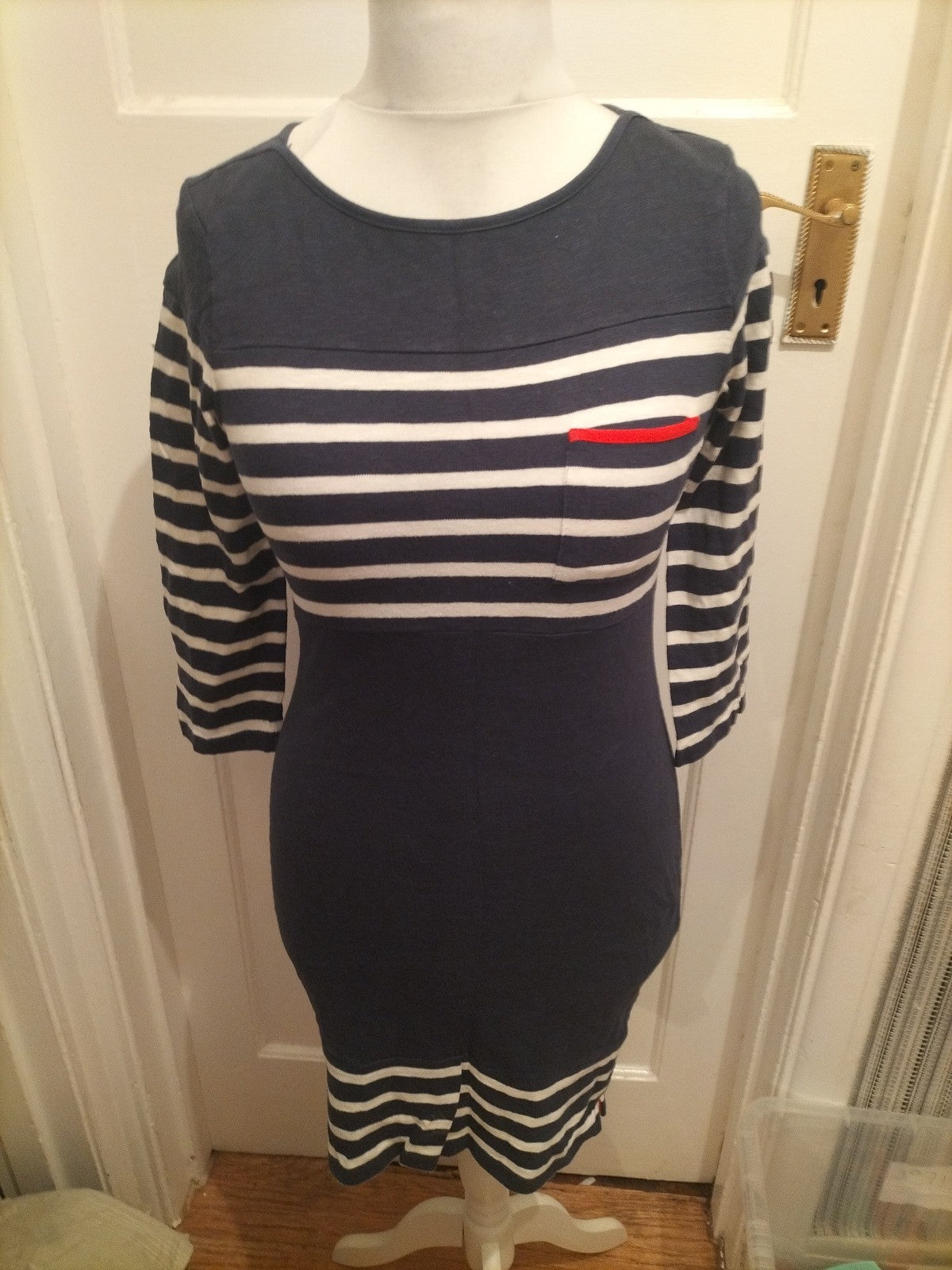Ladies Crew Clothing Size 8 Navy Striped Long Sleeve Dress
