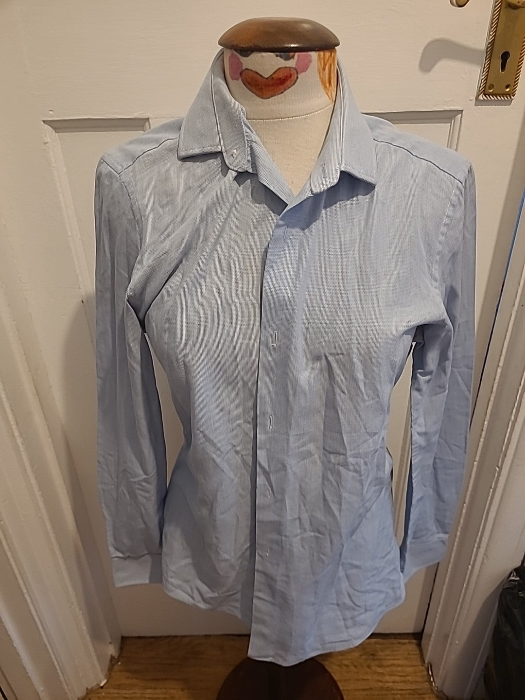 Mens Next Size 15" Pale Blue Detailed Slim Fit Long Sleeved Shirt