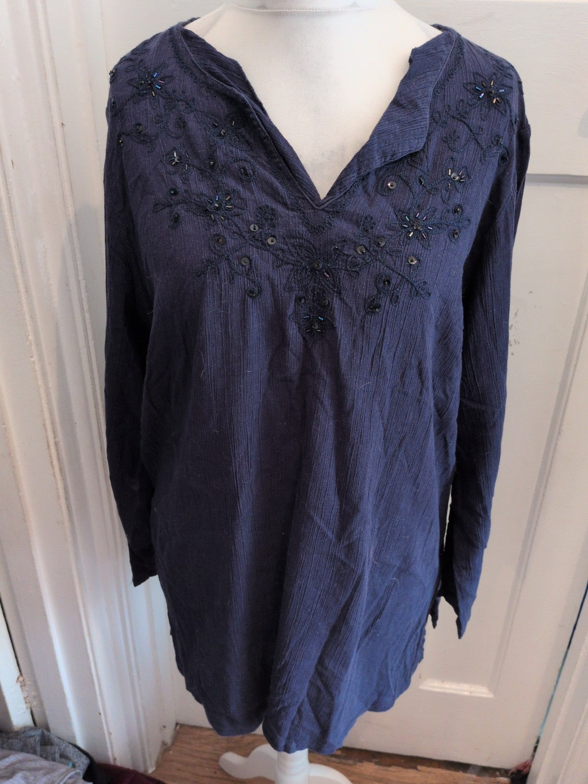 Arcadia 20 Navy Long Sleeve Embroidery Neck Blouse