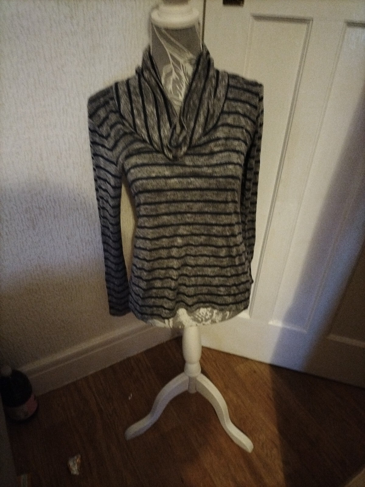 Ladies Size Small Grey/Navy Striped Long Sleeved Blouse