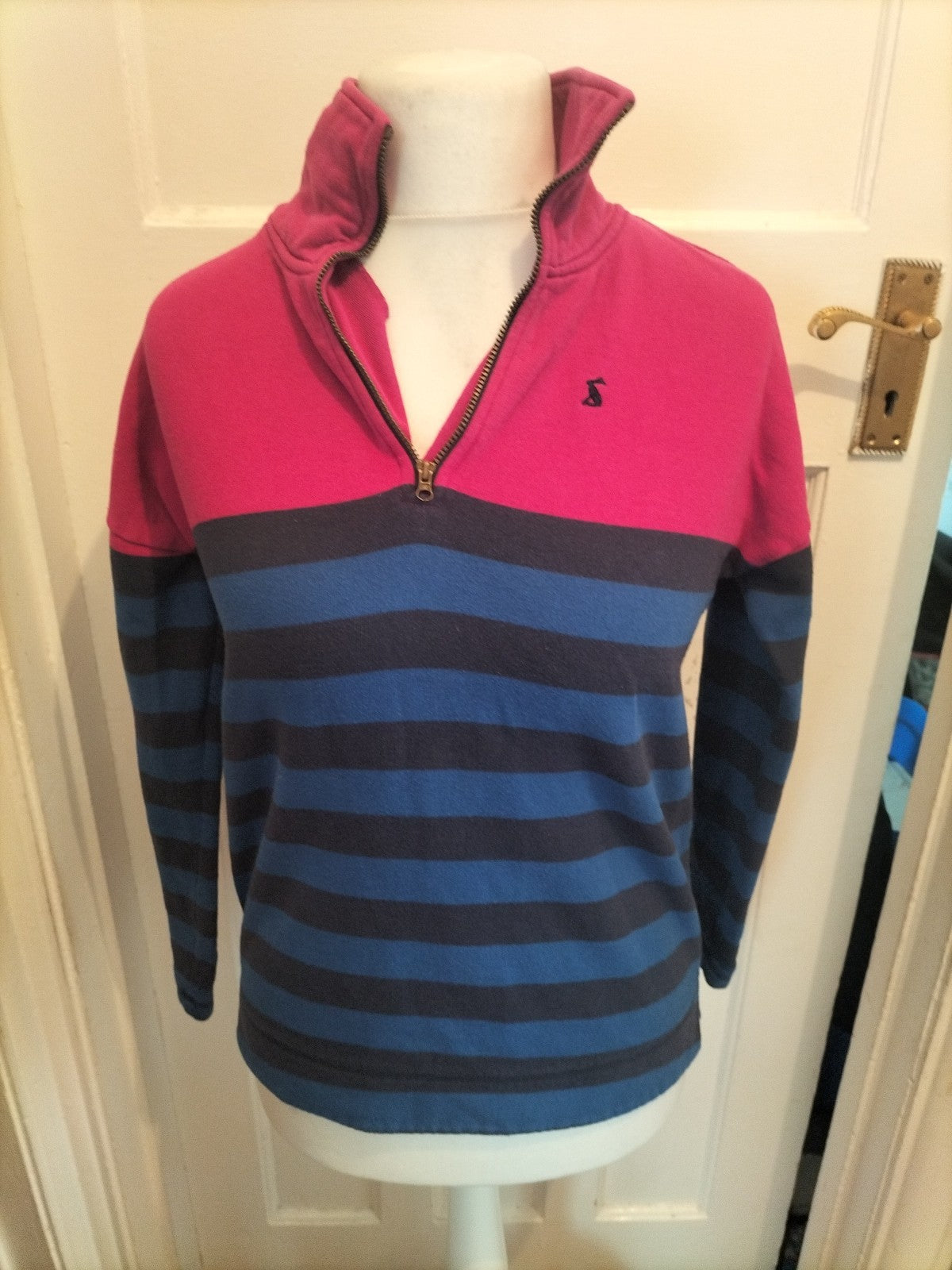 Ladies Joules Size 8 Pink/Navy And Blue Collared Pullover Jumper
