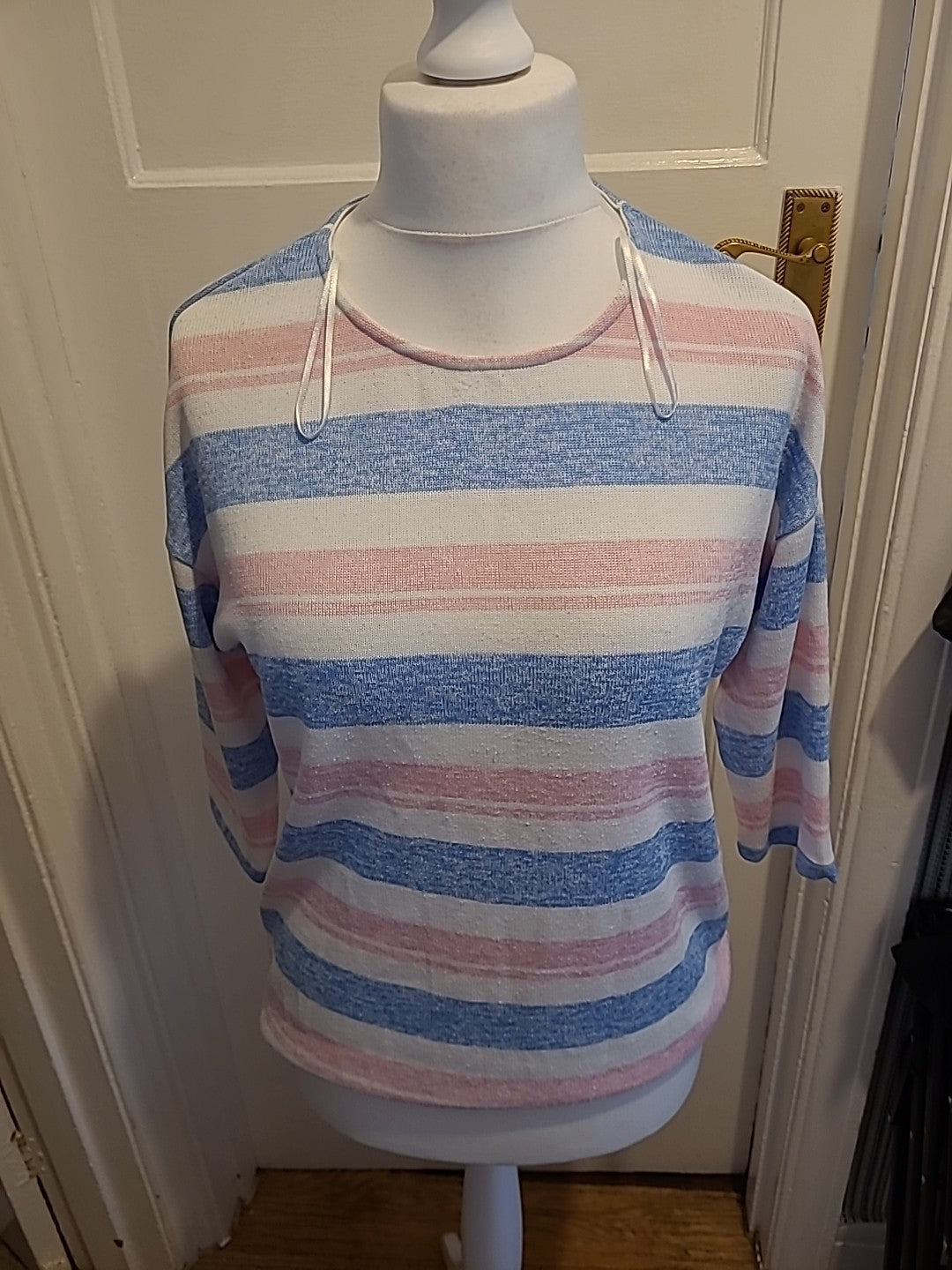 Ladies Tu Size 12 White/Pink/Blue Striped Half Sleeved Lightweight Jumper