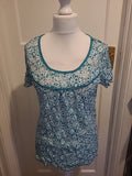 Ladies Size Large Green And White Short Sleeved Scoop Neck See Through Blouse
