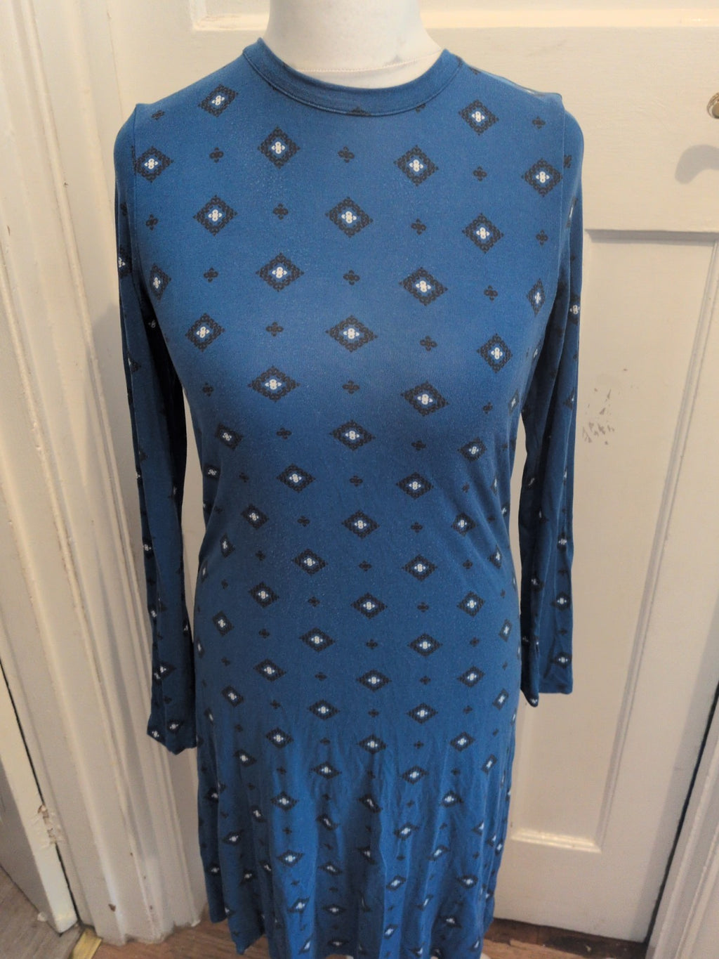 Marks And Spencer 10 Deep Blue White And Black Long Sleeve Dress Midi