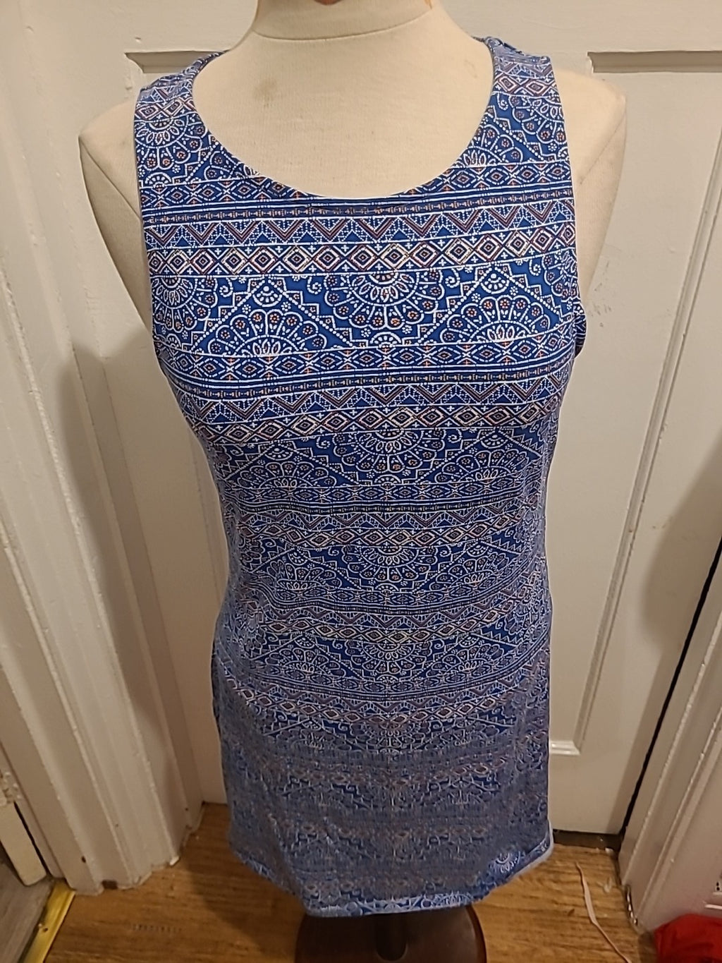 Ladies New Look Size 16 Blue With Orange And White Aztec Sleeveless Dress