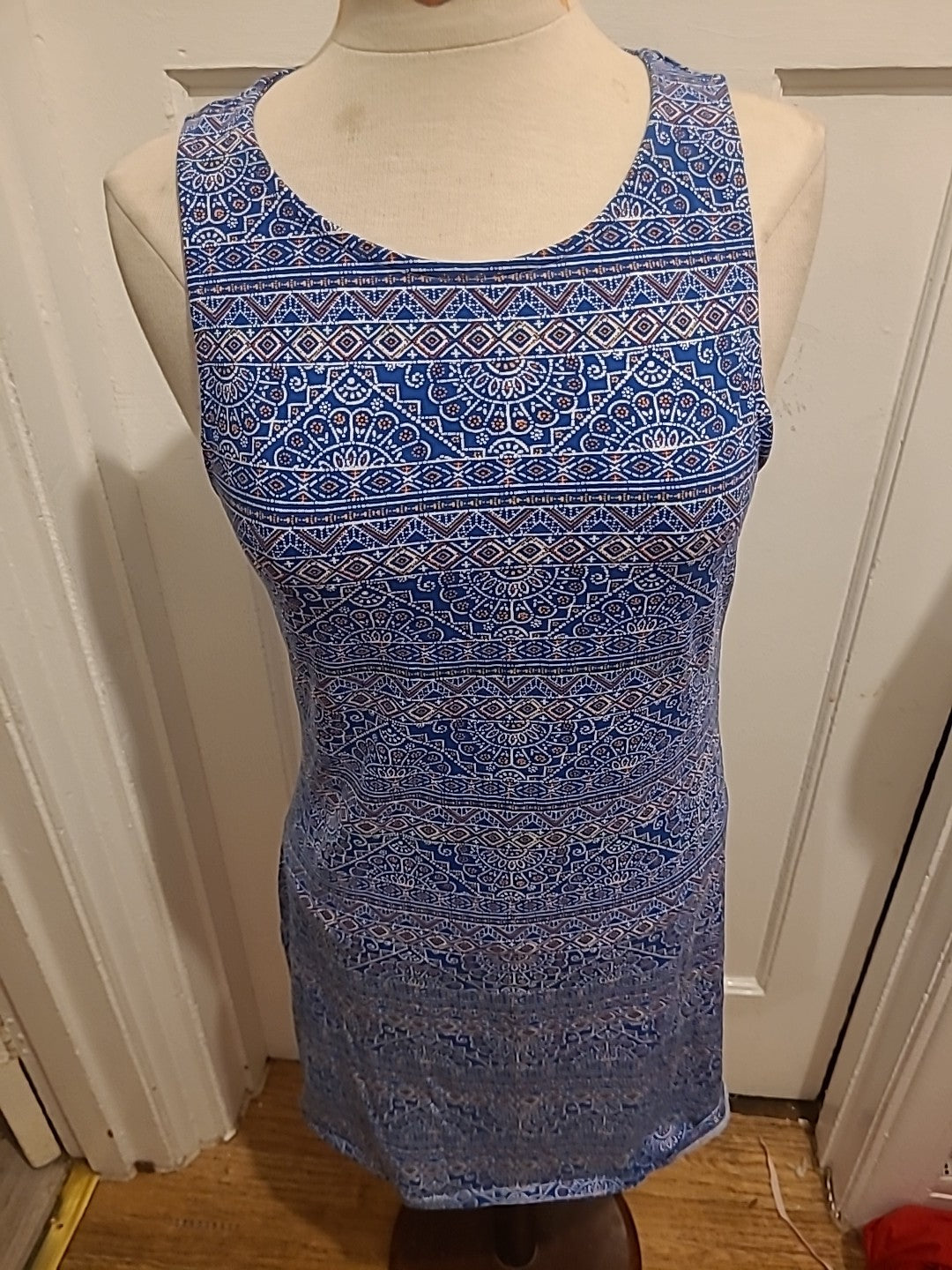 Ladies New Look Size 16 Blue With Orange And White Aztec Sleeveless Dress