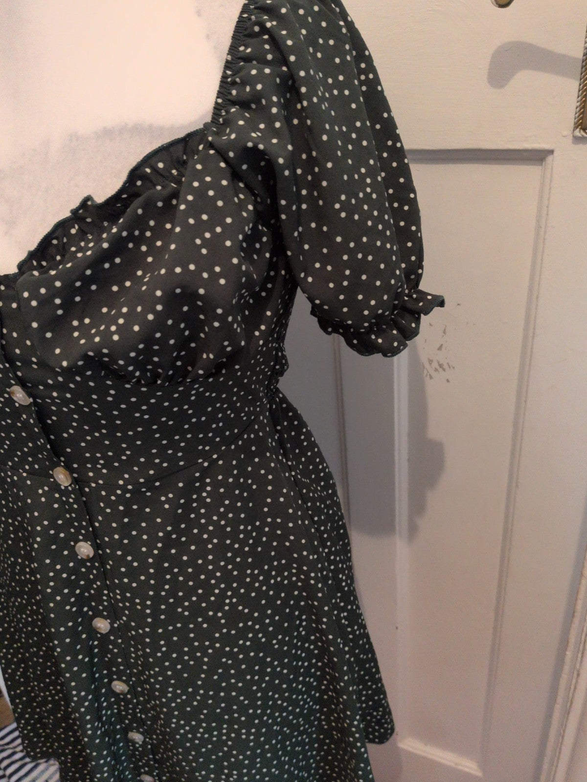 Shein Medium Green And White Spotty Short Sleeve Short Dress