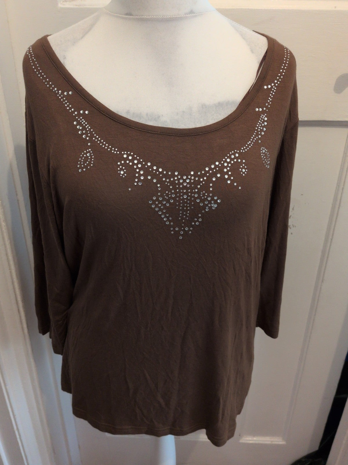 Damart 22/24 Khaki 3/4 Sleeve With Silver Diamante Blouse