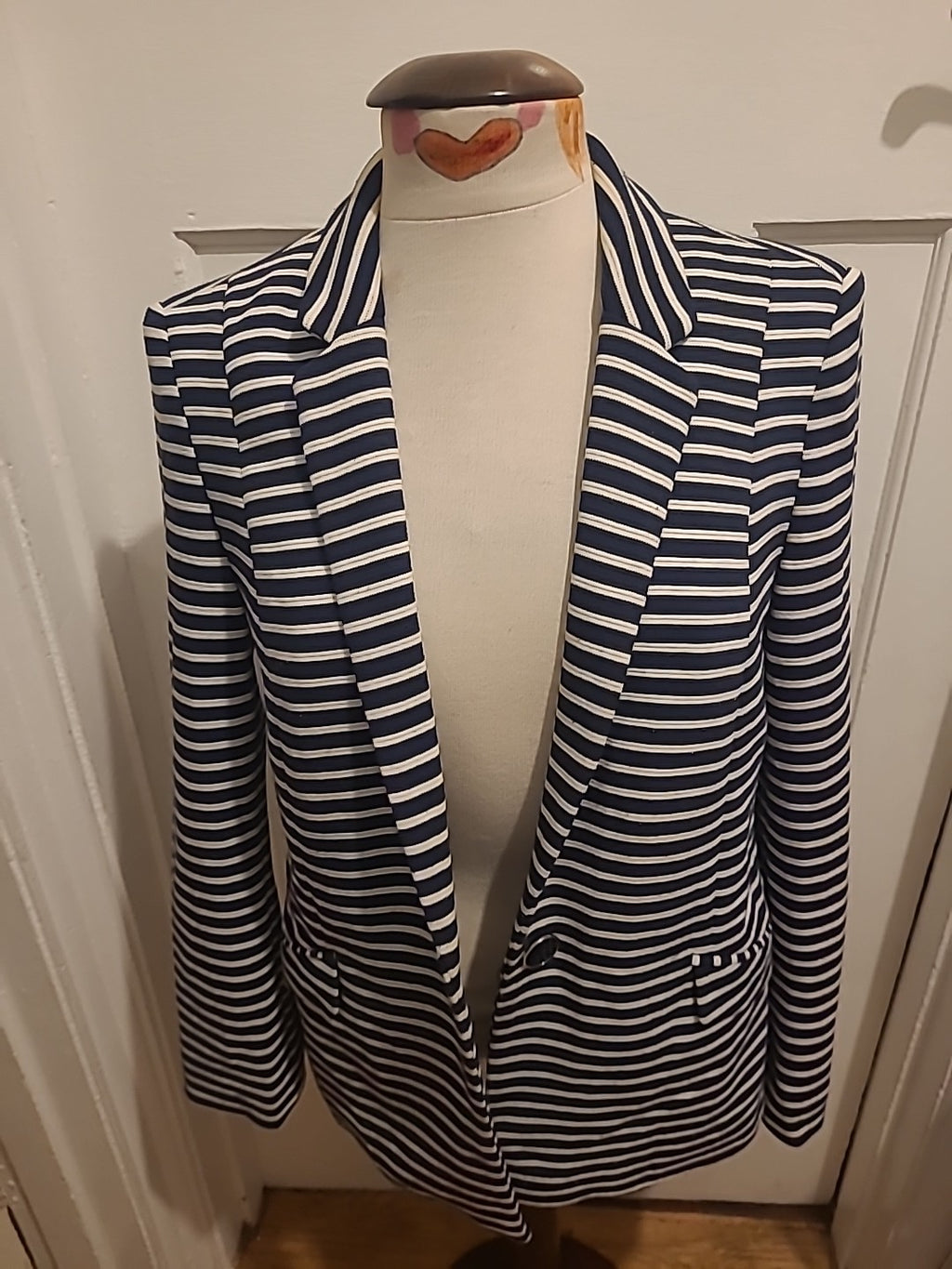 Ladies Oasis Size 10 Navy/White Striped Long Sleeved Lined Blazer