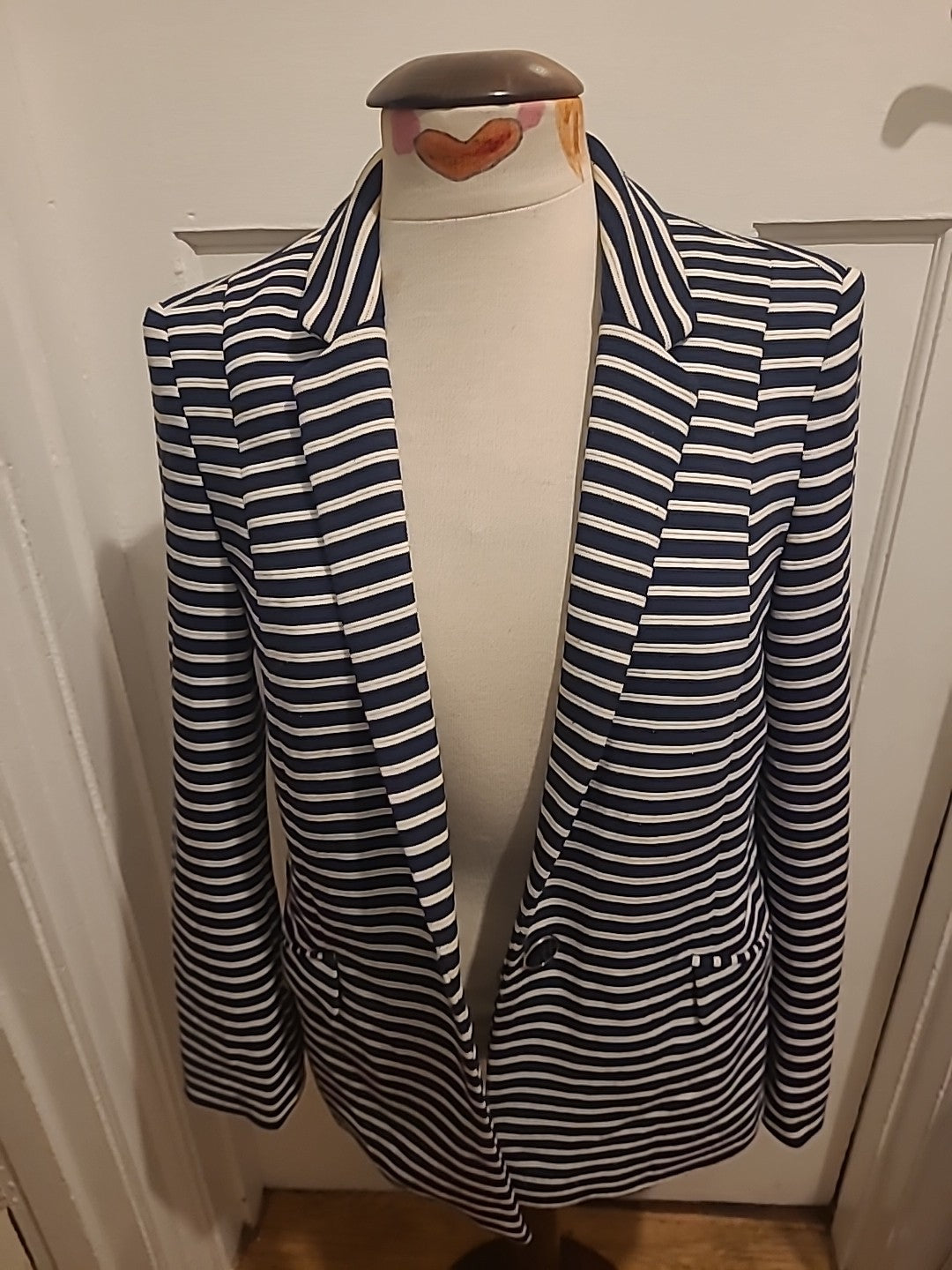 Ladies Oasis Size 10 Navy/White Striped Long Sleeved Lined Blazer