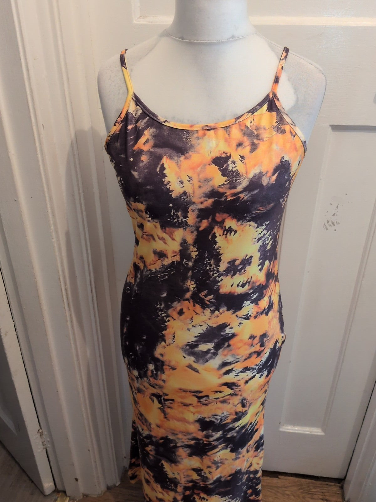 Ladies Yellow/black Long Sleeveless Dress Size Xl[16] Free Delivery