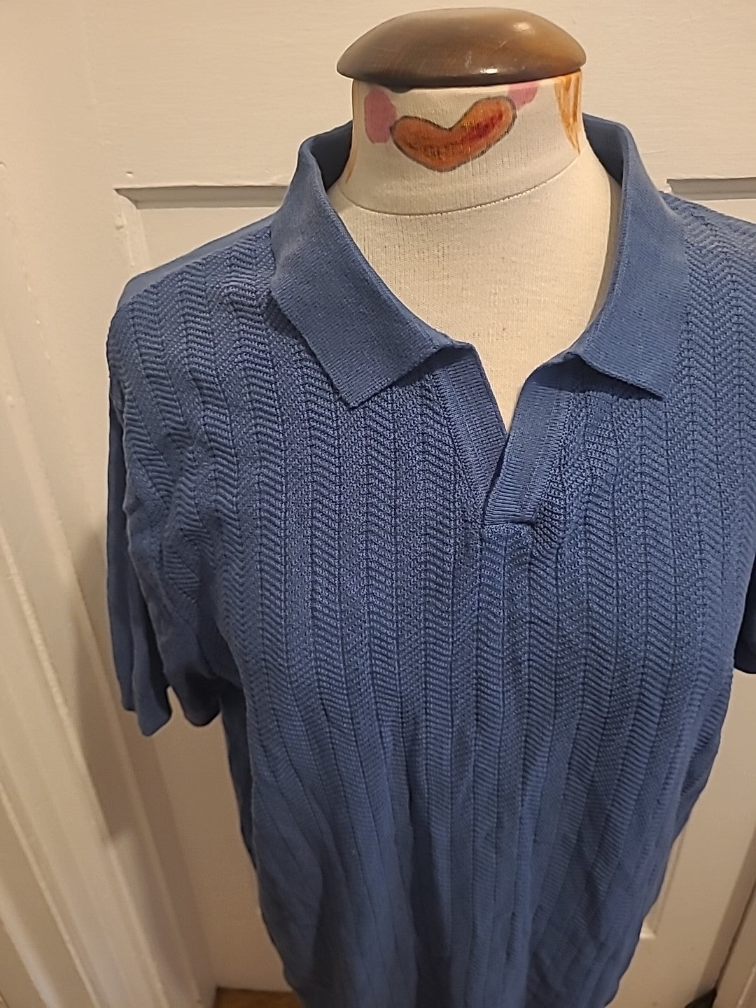 Mens Easy Size Large Blue Patterned Short Sleeved Polo