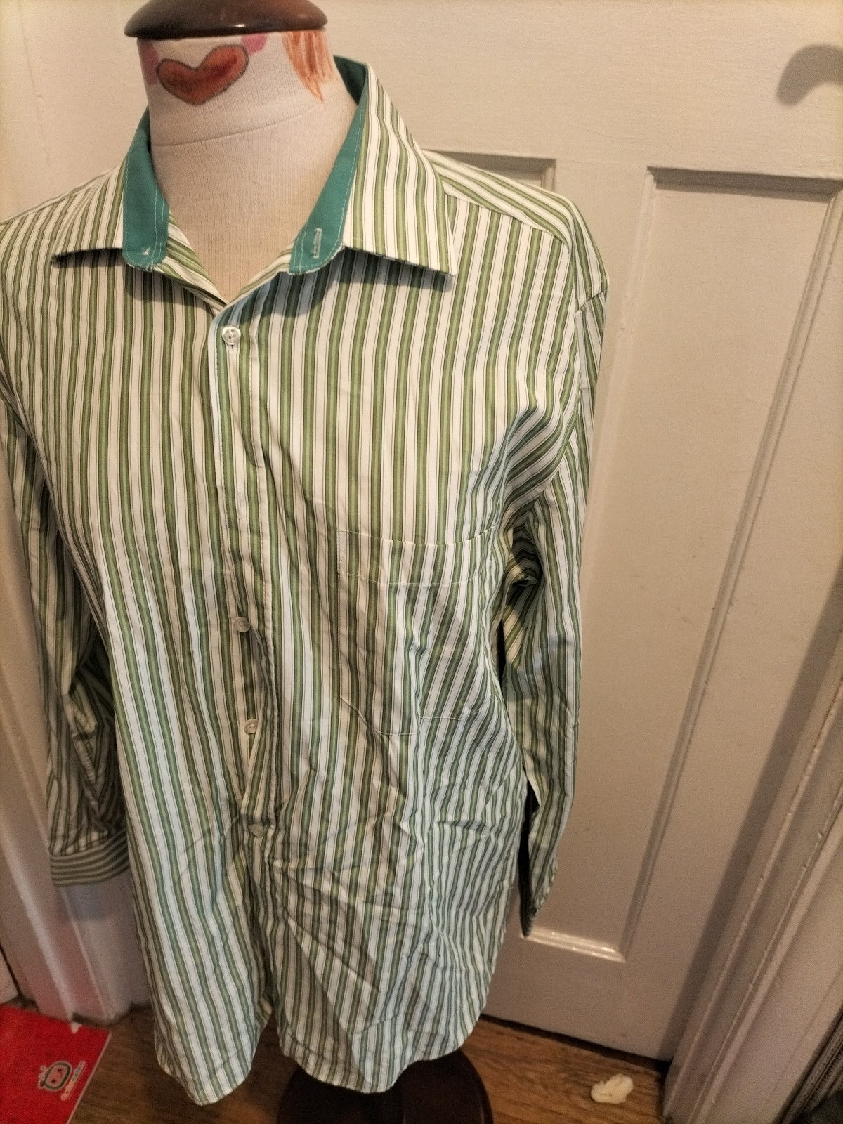 Mens Society Of Threads Size 15.5" Green/White Striped Long Sleeved Shirt